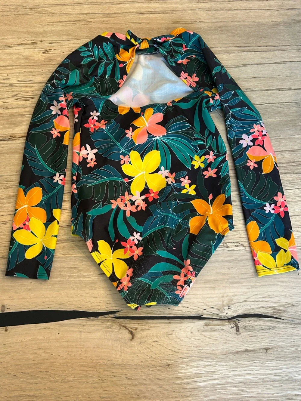 Old Navy Black Long-Sleeve Floral One-Piece Swimsuit - Yellow & Coral